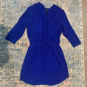 Aqua Cobalt Blue Button Down Long Sleeve Mini Dress Drawstring